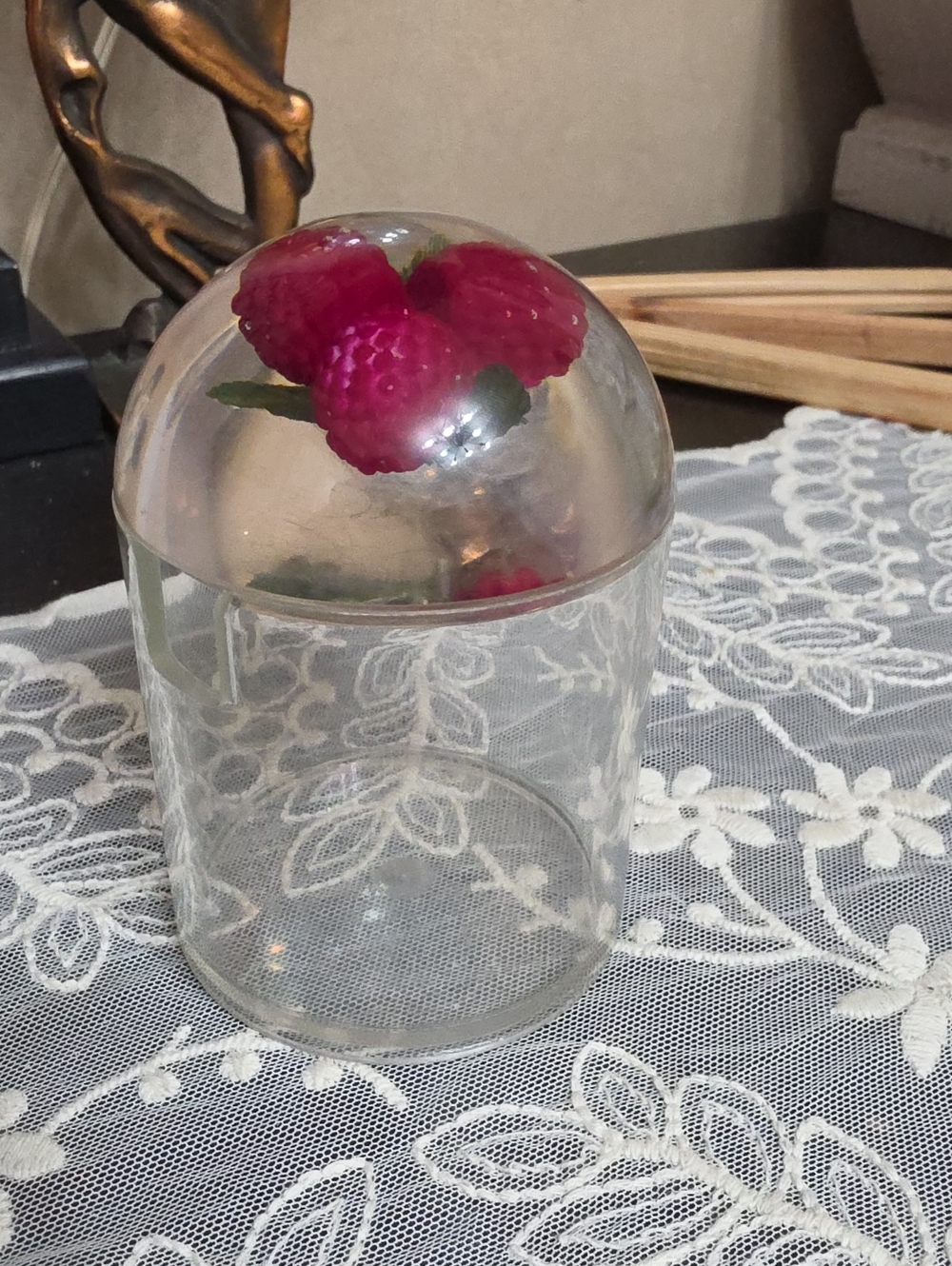 Vtg Lucite Dome Decorative Jar with Pink Berry Accent Jam Usa
